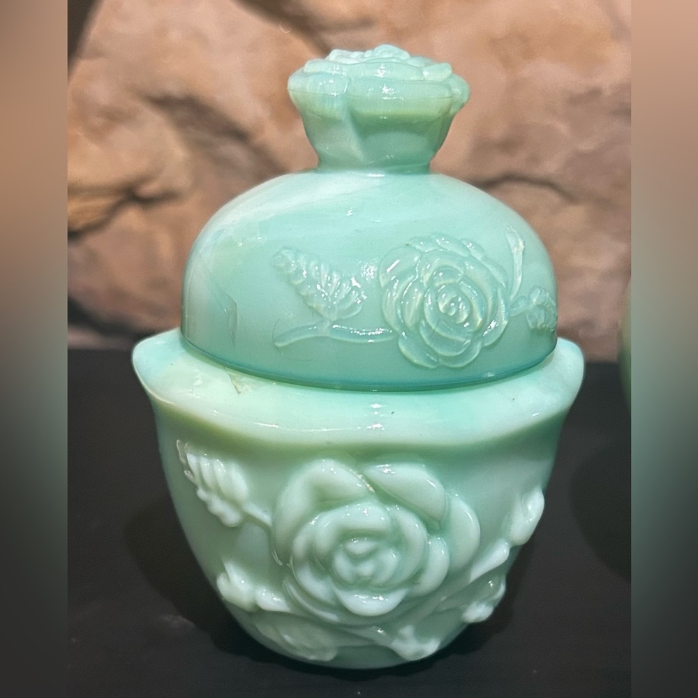 Vintage Avon Jadeite Moonwind Bubble Bath Bottle and Powder Sachet Container Set - Picture 3 of 6